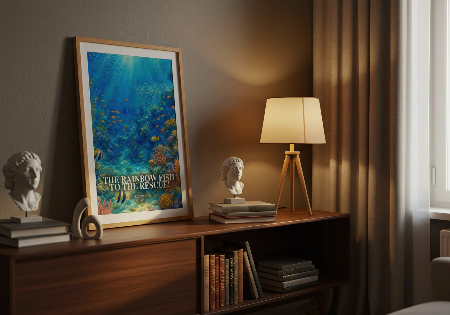 The Rainbow Fish To The Rescue! watercolour print on bookshelf – Marcus Pfister fan gift