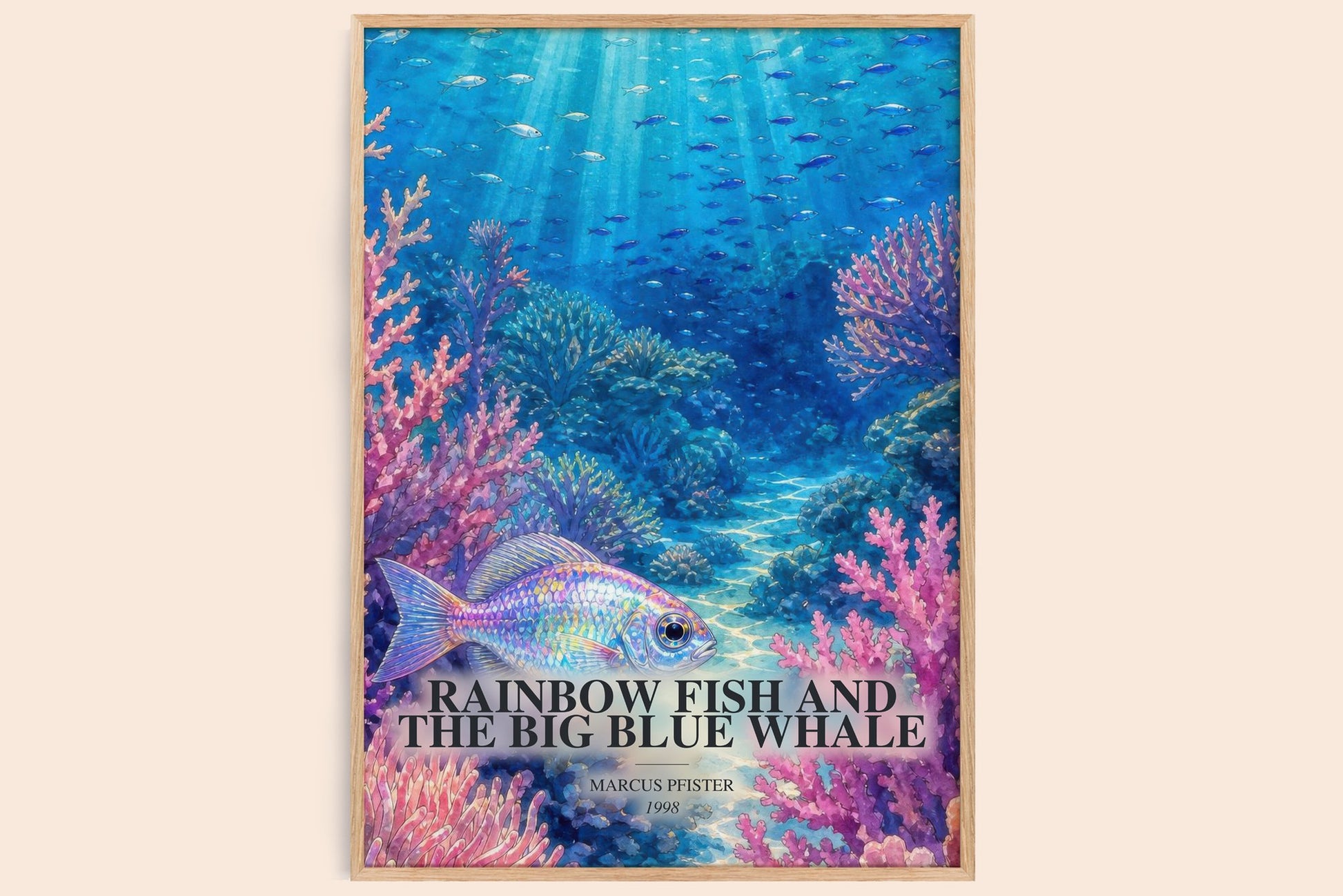 Rainbow Fish And The Big Blue Whale watercolour book poster by Marcus Pfister – framed literary art print