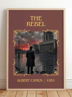 The Rebel Classic Book Art Print by Albert Camus – framed print leaning on a wooden floor