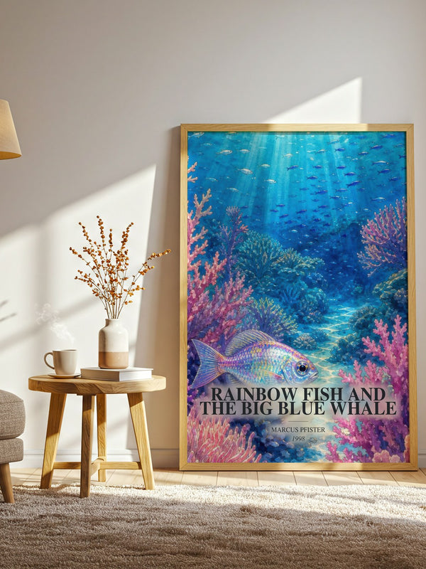 Rainbow Fish And The Big Blue Whale watercolour print in frame leaning in hallway – childrens wall art