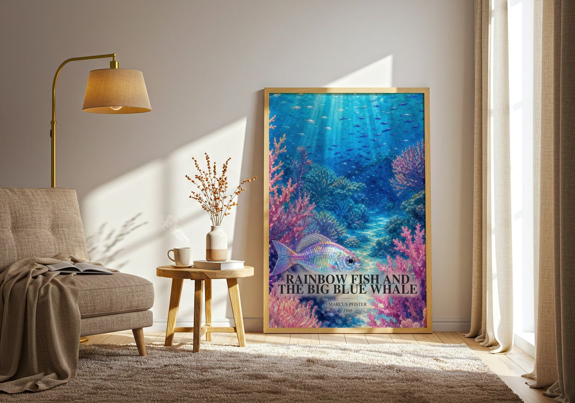 Rainbow Fish And The Big Blue Whale watercolour print in frame leaning in hallway – childrens wall art
