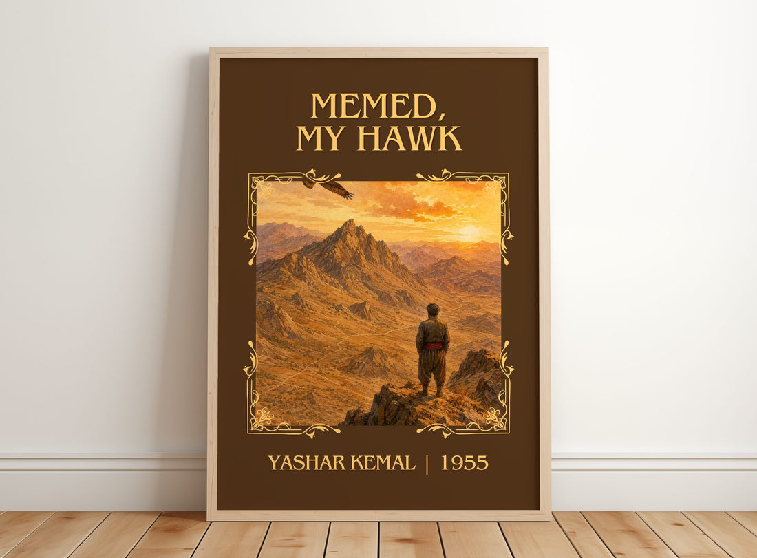 Memed, My Hawk Classic Book Art Print by Yashar Kemal – framed print leaning on a wooden floor