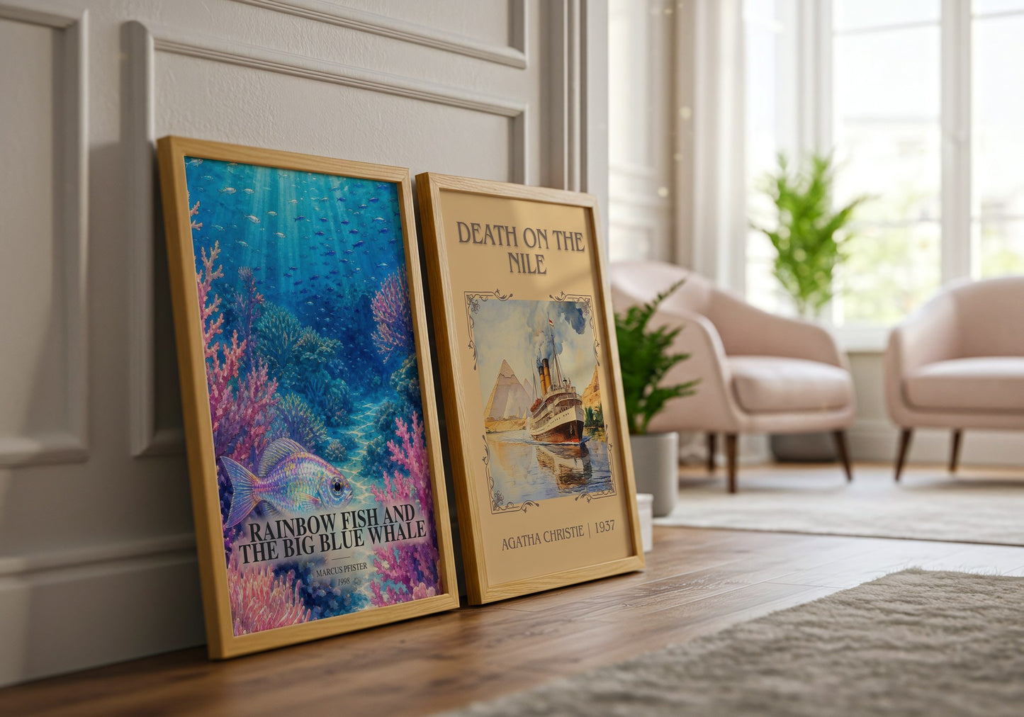 Rainbow Fish And The Big Blue Whale watercolour print framed by window – literary home decor