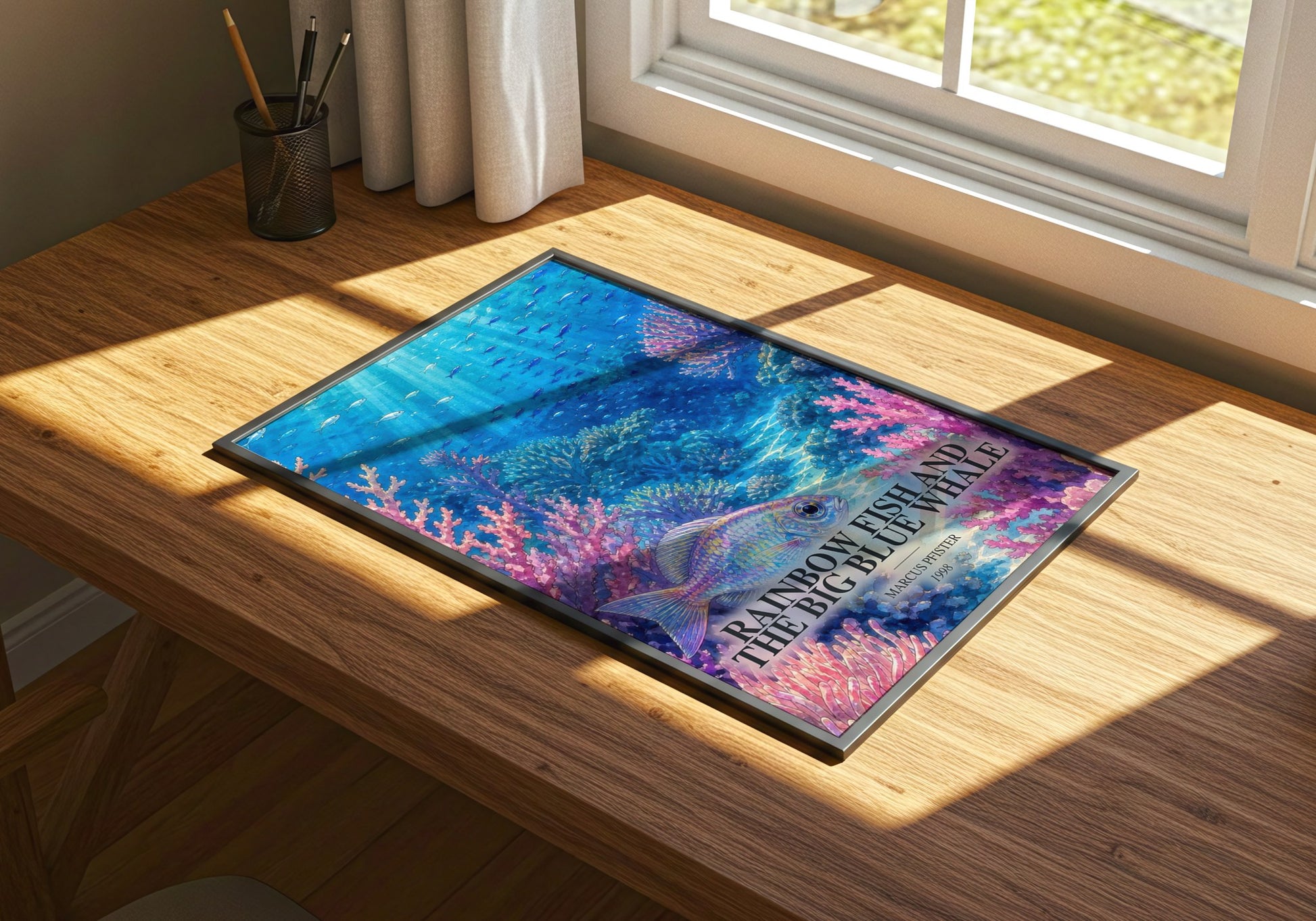 Rainbow Fish And The Big Blue Whale watercolour book poster framed on wall – childrens wall art