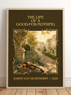 Life of a Good-For-Nothing Classic Book Art Print by J. Eichendorff – framed print leaning on a wooden floor