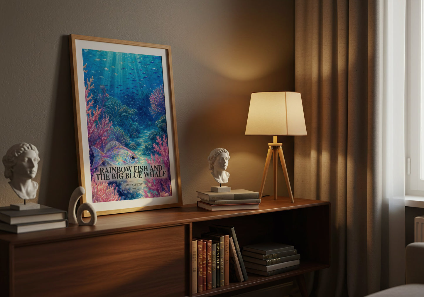 Rainbow Fish And The Big Blue Whale watercolour print on bookshelf – Marcus Pfister fan gift