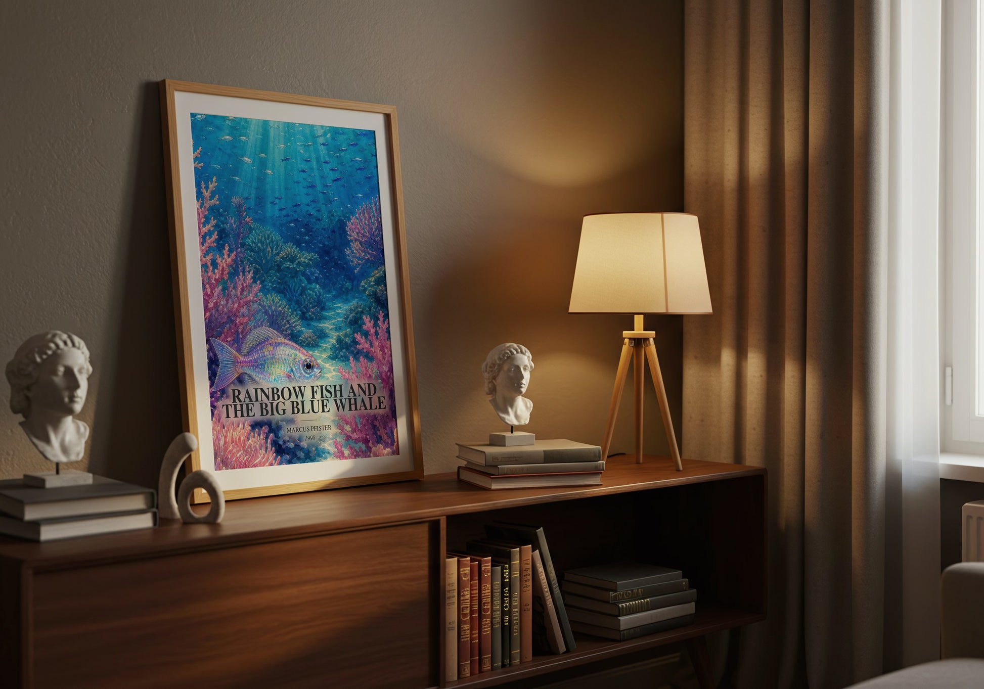 Rainbow Fish And The Big Blue Whale watercolour print on bookshelf – Marcus Pfister fan gift