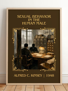 Sexual Behavior in the Human Male Classic Book Art Print by A. Kinsey – framed print leaning on a wooden floor