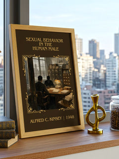 Sexual Behavior in the Human Male Classic Book Art Print by A. Kinsey – framed print on a city-view windowsill