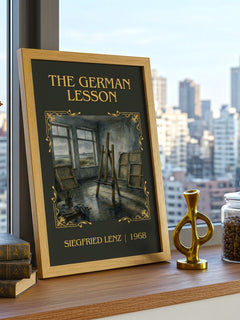 The German Lesson Classic Book Art Print by Siegfried Lenz – framed print on a city-view windowsill