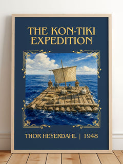 The Kon-Tiki Expedition Classic Book Art Print by Thor Heyerdahl – framed print leaning on a wooden floor