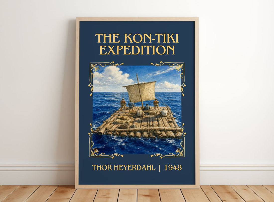 The Kon-Tiki Expedition Classic Book Art Print by Thor Heyerdahl – framed print leaning on a wooden floor