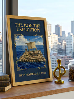 The Kon-Tiki Expedition Classic Book Art Print by Thor Heyerdahl – framed print on a city-view windowsill