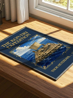 The Kon-Tiki Expedition Classic Book Art Print by Thor Heyerdahl – print on a sunlit desk