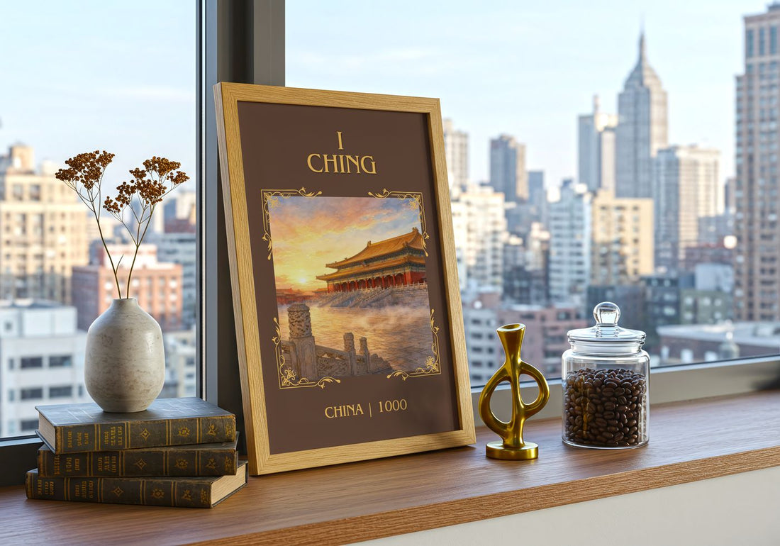 I Ching Classic Book Art Print by China – framed print on a city-view windowsill