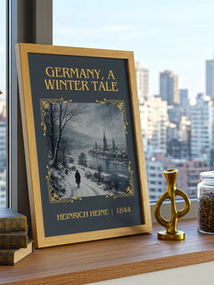 Germany, a Winter Tale Classic Book Art Print by Heinrich Heine – framed print on a city-view windowsill