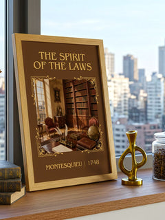 The Spirit Of The Laws Classic Book Art Print by Montesquieu – framed print on a city-view windowsill