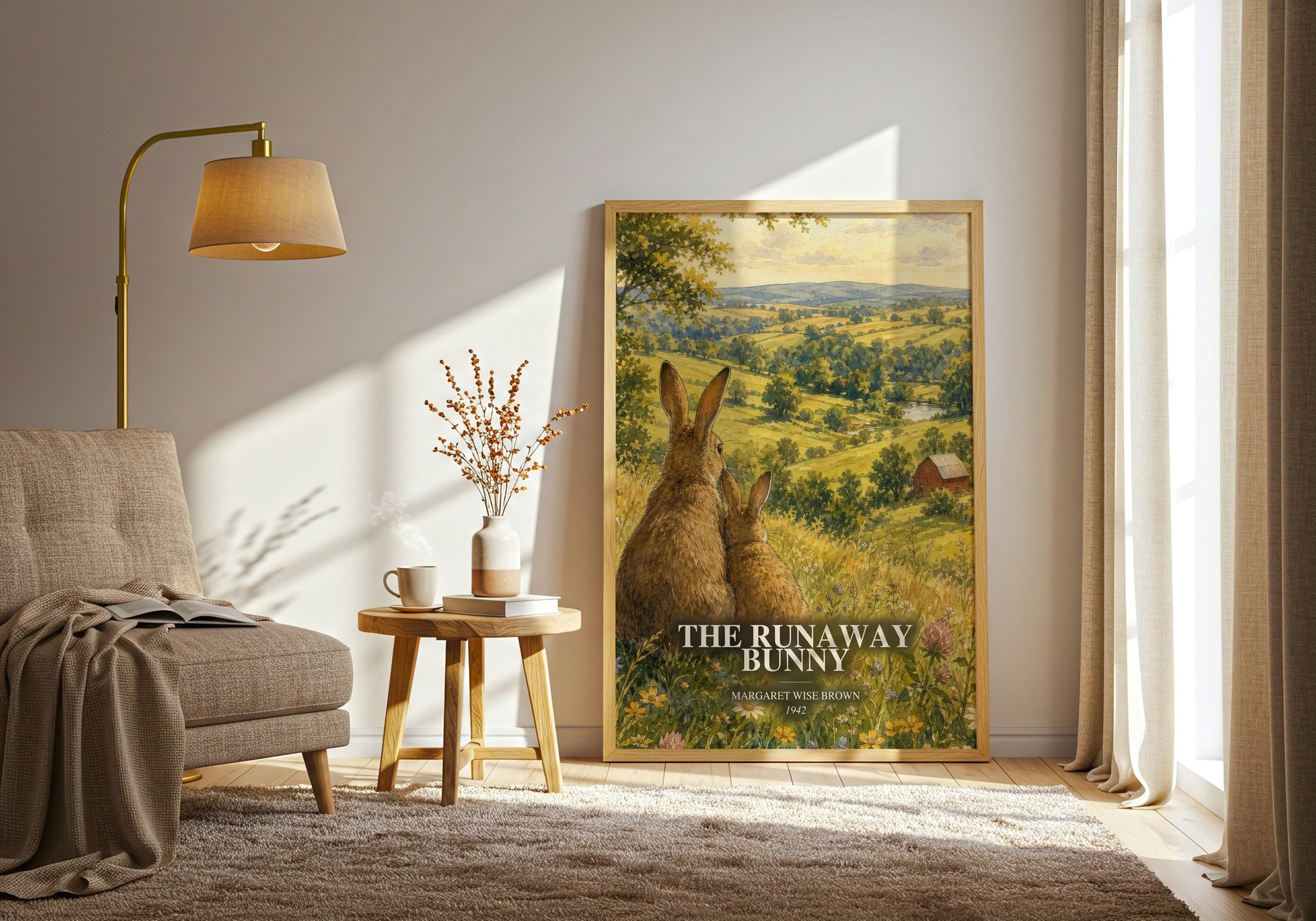 The Runaway Bunny watercolour print in frame leaning in hallway – childrens wall art