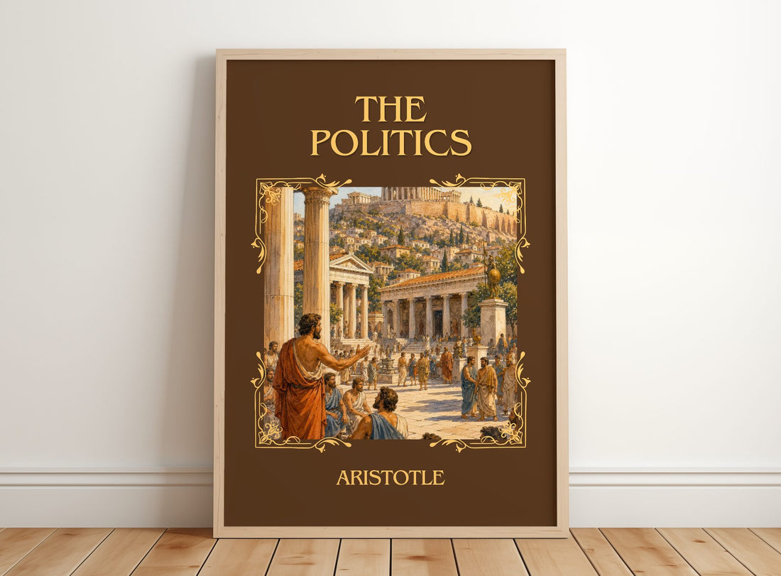 The Politics Classic Book Art Print by Aristotle – framed print leaning on a wooden floor