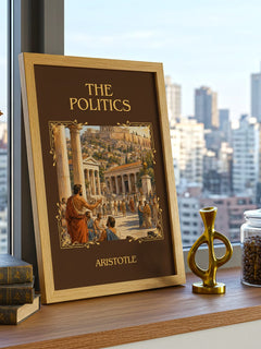 The Politics Classic Book Art Print by Aristotle – framed print on a city-view windowsill