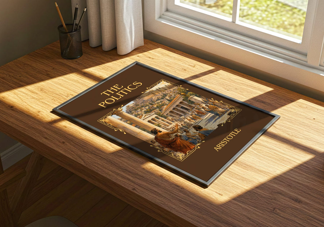 The Politics Classic Book Art Print by Aristotle – print on a sunlit desk