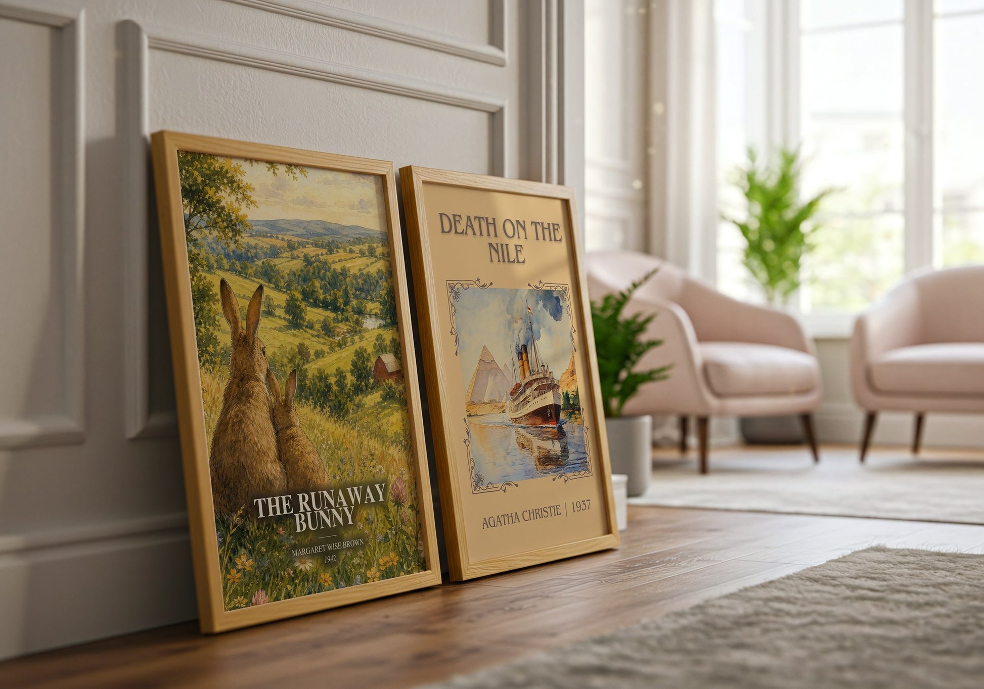 The Runaway Bunny watercolour print framed by window – literary home decor