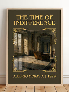 The Time of Indifference Classic Book Art Print by Alberto Moravia – framed print leaning on a wooden floor