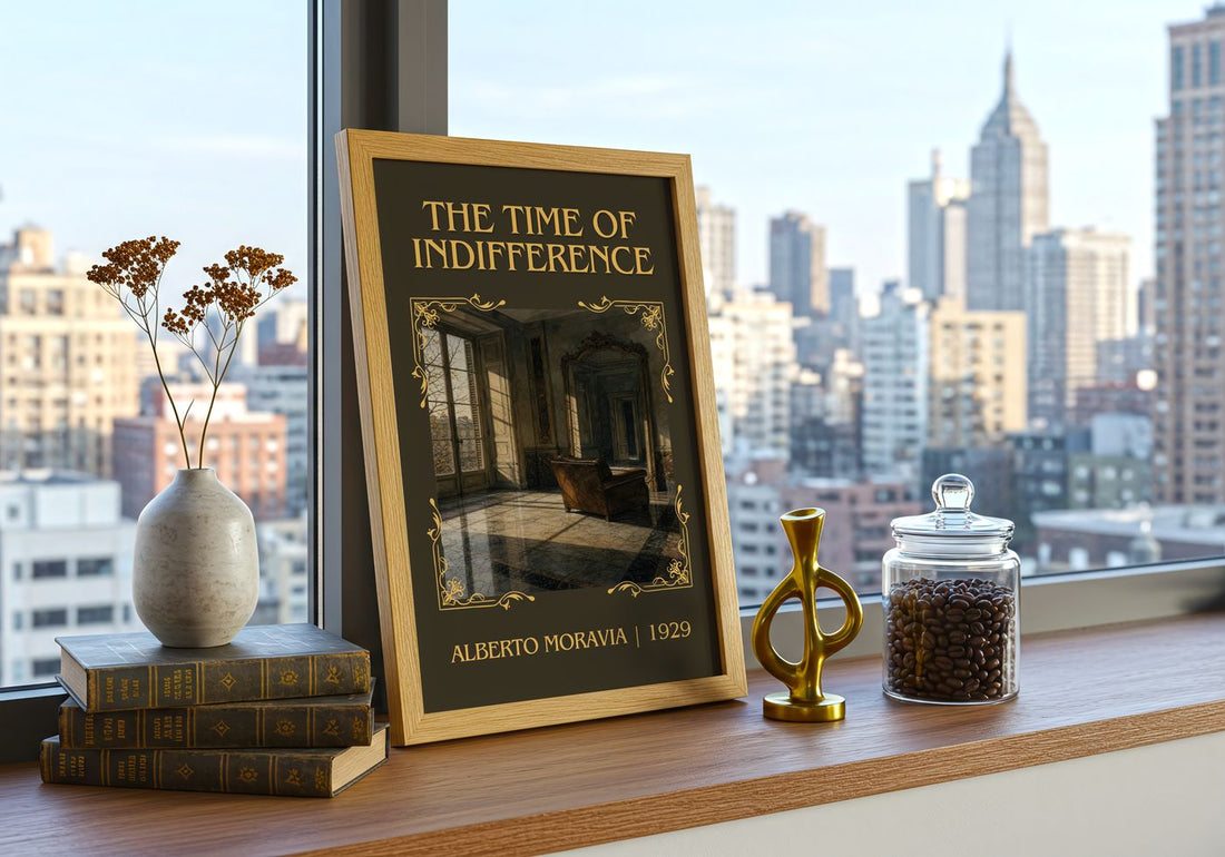 The Time of Indifference Classic Book Art Print by Alberto Moravia – framed print on a city-view windowsill