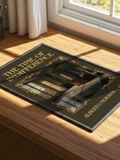 The Time of Indifference Classic Book Art Print by Alberto Moravia – print on a sunlit desk