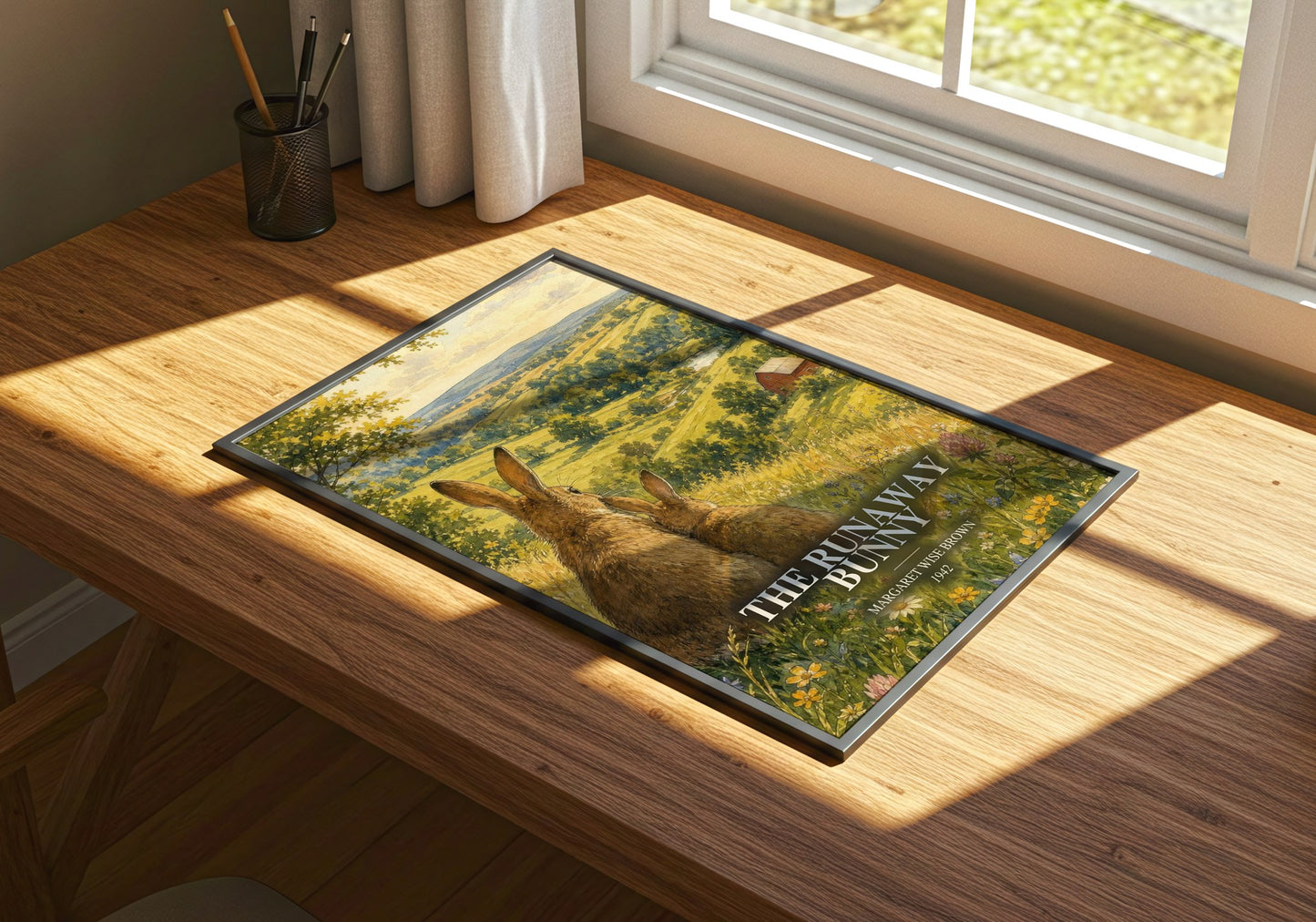 The Runaway Bunny watercolour book poster framed on wall – childrens wall art