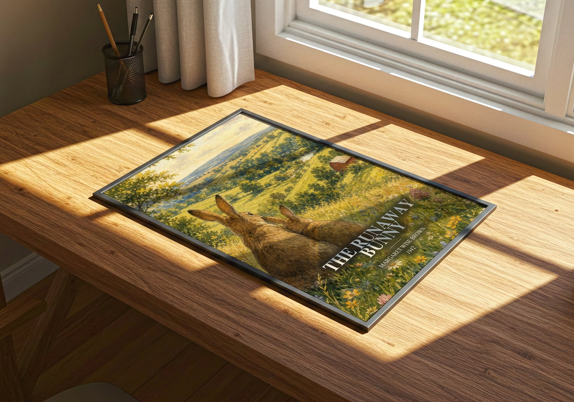 The Runaway Bunny watercolour book poster framed on wall – childrens wall art