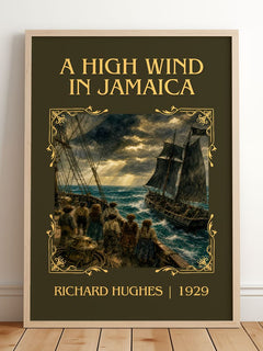 A High Wind in Jamaica Classic Book Art Print by Richard Hughes – framed print leaning on a wooden floor