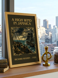 A High Wind in Jamaica Classic Book Art Print by Richard Hughes – framed print on a city-view windowsill