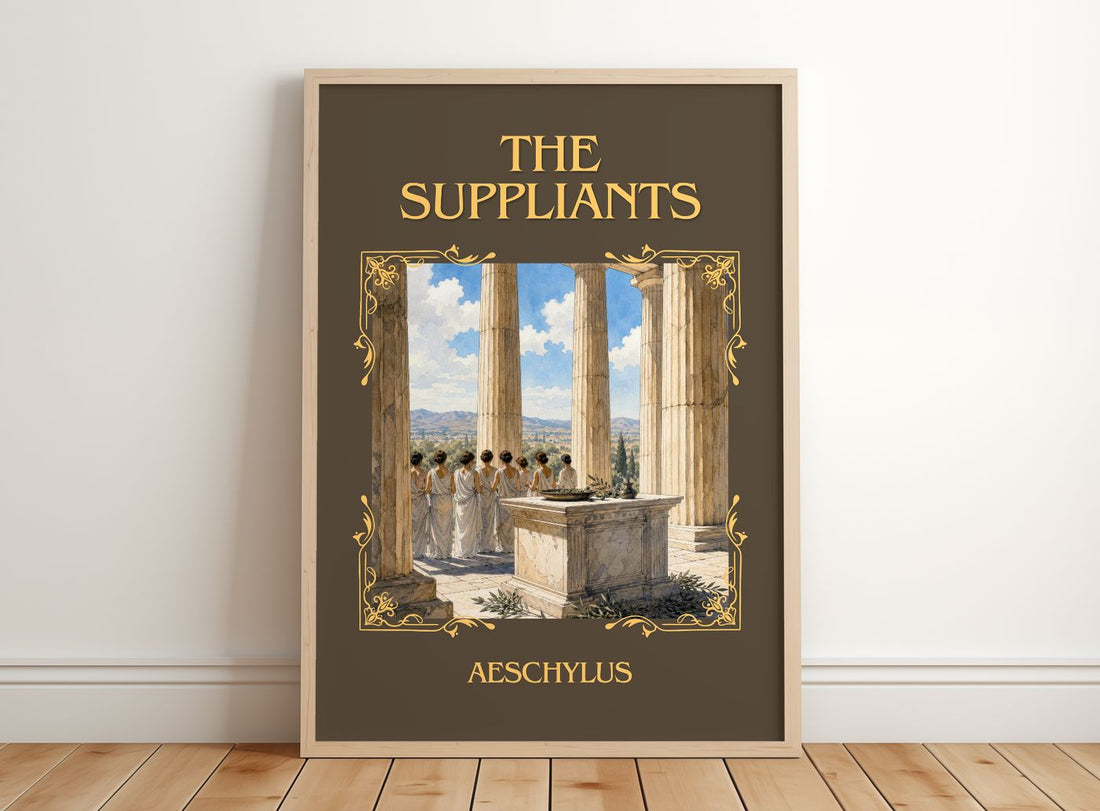 The Suppliants Classic Book Art Print by Aeschylus – framed print leaning on a wooden floor