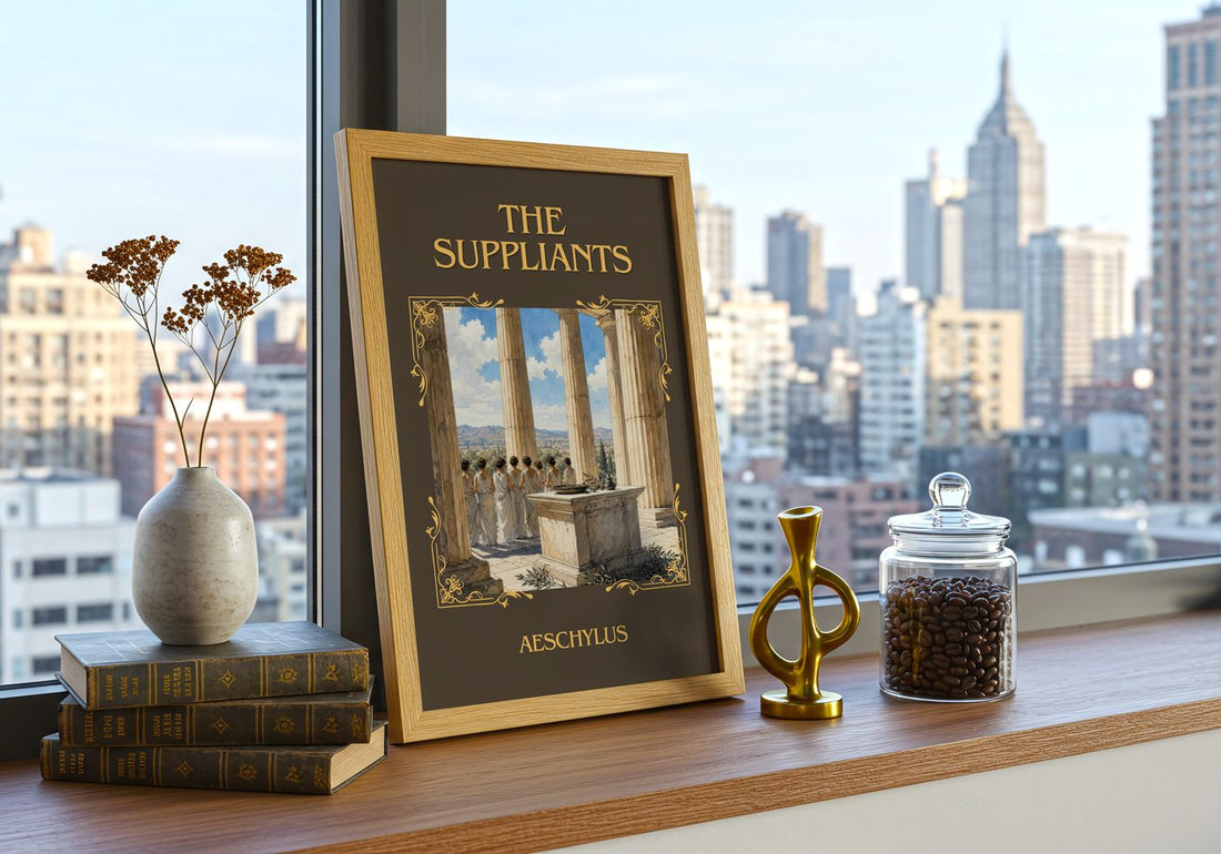 The Suppliants Classic Book Art Print by Aeschylus – framed print on a city-view windowsill