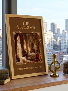 The Viceroys Classic Book Art Print by Federico De Roberto – framed print on a city-view windowsill