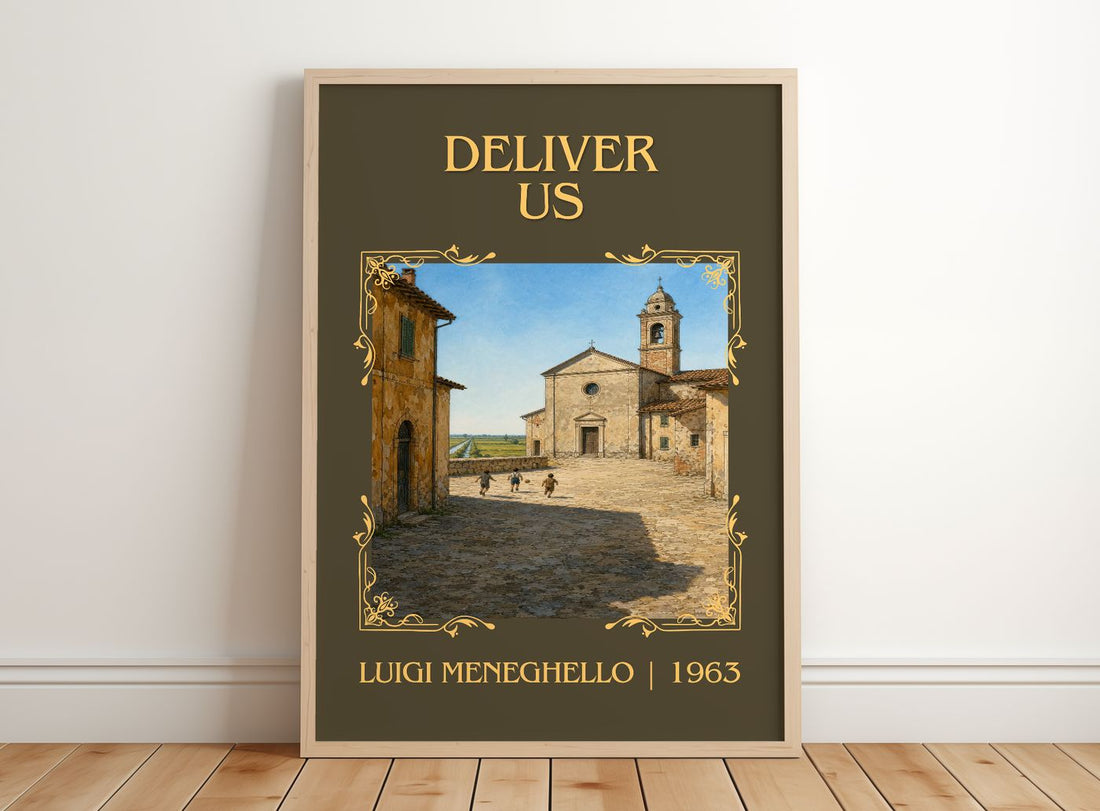 Deliver Us Classic Book Art Print by Luigi Meneghello – framed print leaning on a wooden floor