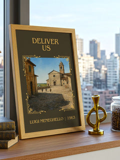 Deliver Us Classic Book Art Print by Luigi Meneghello – framed print on a city-view windowsill