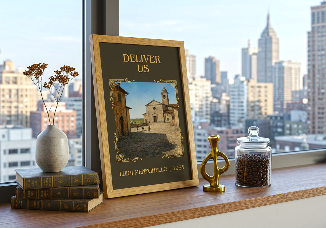Deliver Us Classic Book Art Print by Luigi Meneghello – framed print on a city-view windowsill