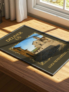 Deliver Us Classic Book Art Print by Luigi Meneghello – print on a sunlit desk