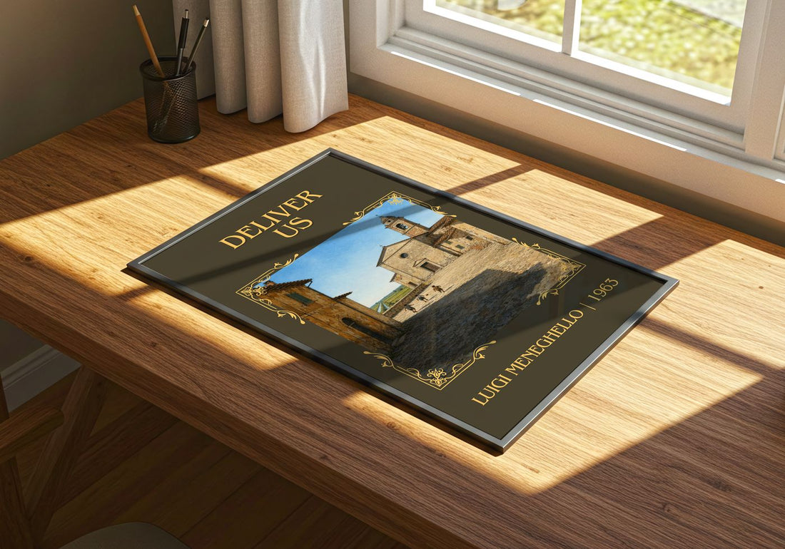 Deliver Us Classic Book Art Print by Luigi Meneghello – print on a sunlit desk