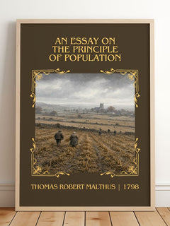 An Essay on the Principle of Population Classic Book Art Print by Thomas Robert Malthus – framed print leaning on a wooden floor