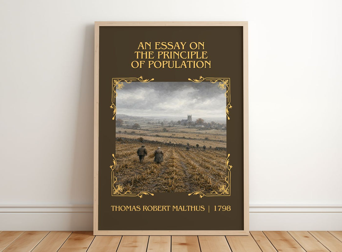 An Essay on the Principle of Population Classic Book Art Print by Thomas Robert Malthus – framed print leaning on a wooden floor