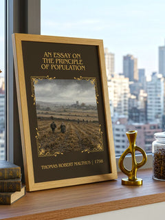 An Essay on the Principle of Population Classic Book Art Print by Thomas Robert Malthus – framed print on a city-view windowsill