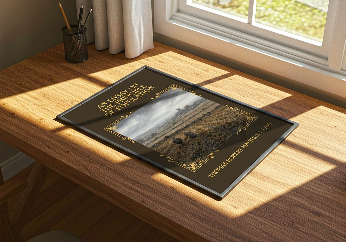 An Essay on the Principle of Population Classic Book Art Print by Thomas Robert Malthus – print on a sunlit desk