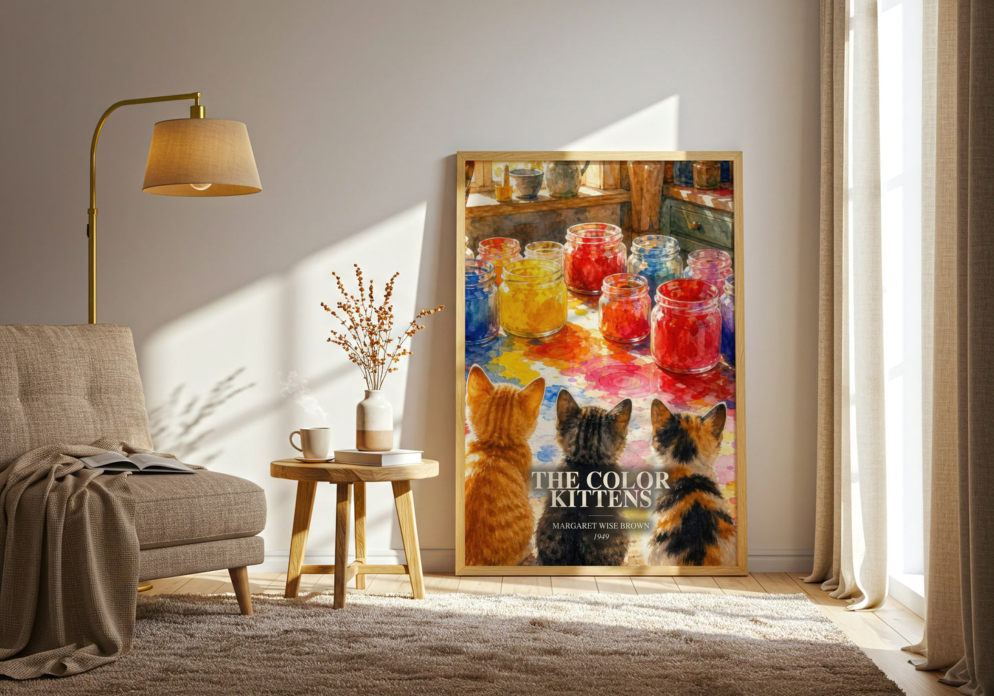 The Color Kittens watercolour print in frame leaning in hallway – childrens wall art