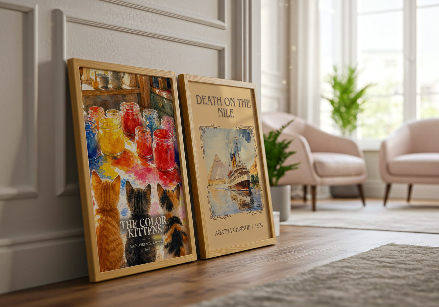 The Color Kittens watercolour print framed by window – literary home decor