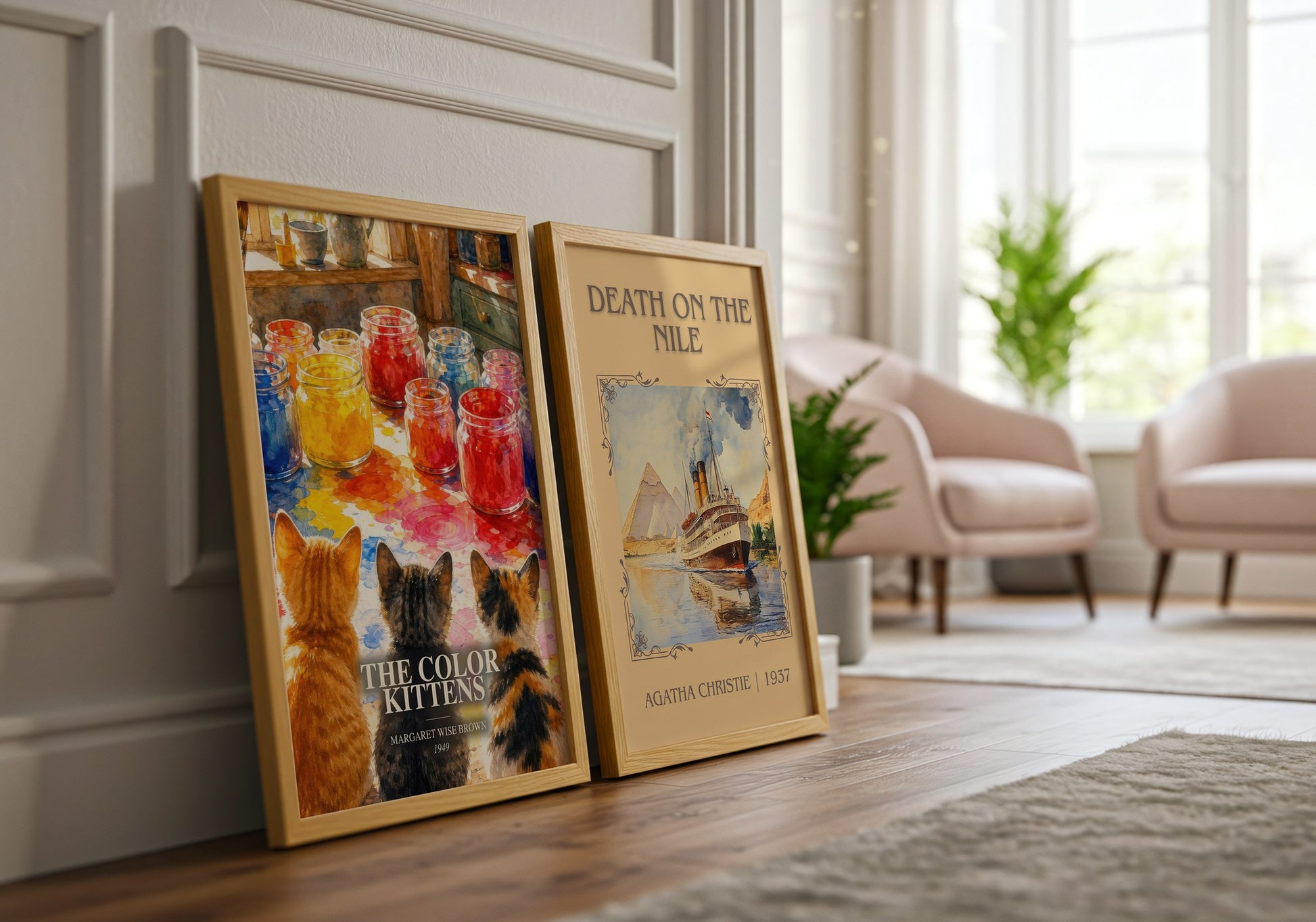 The Color Kittens watercolour print framed by window – literary home decor