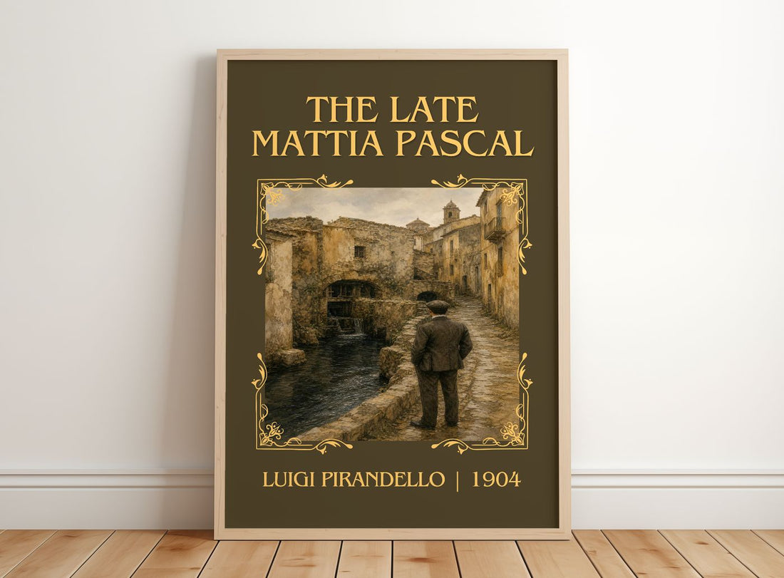 The Late Mattia Pascal Classic Book Art Print by Luigi Pirandello – framed print leaning on a wooden floor