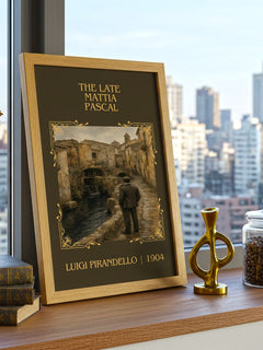 The Late Mattia Pascal Classic Book Art Print by Luigi Pirandello – framed print on a city-view windowsill